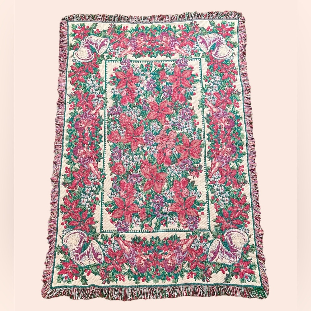 Vintage Tapestry Throw Blanket 90’s Holiday Cherubs Angels Fringe